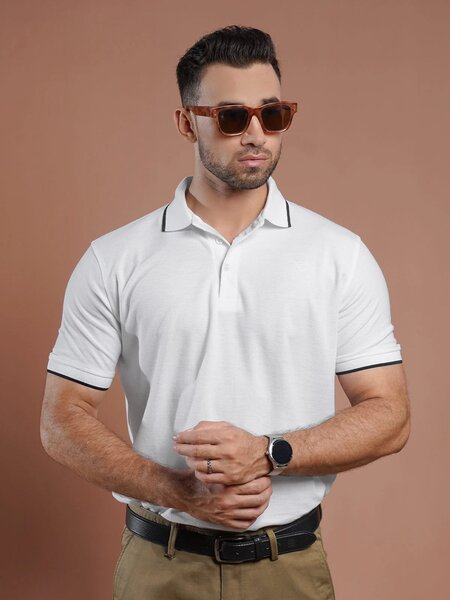 White Plain Contrast Tipping Half Sleeves Polo T-Shirt (POLO-841)