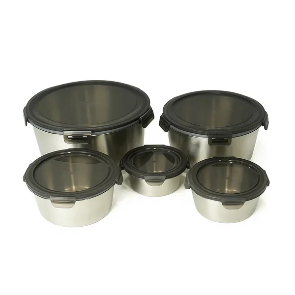 5 Pcs Steel Box Set – Steel with Black Clip-Lock Lids – 400ml to 3500ml
