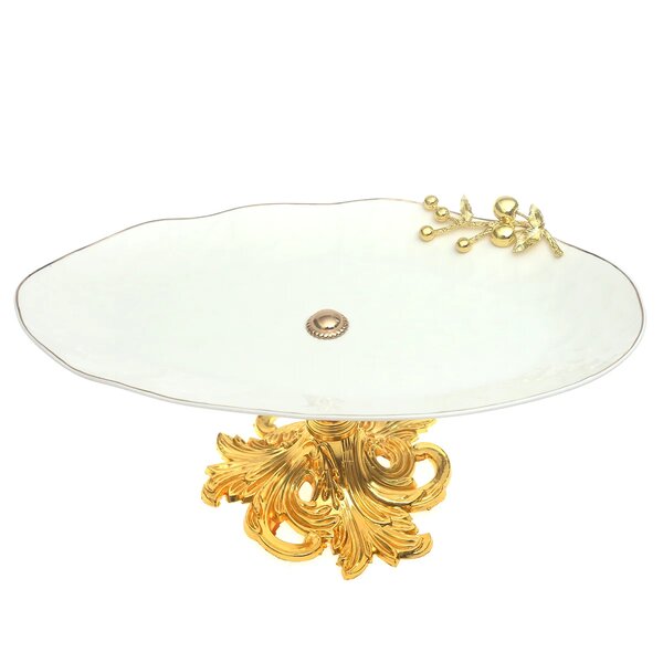 Gold & White Pedestal Serving Platter 8.5 x 14.5 x 6 Inch – Luxury Decorative Display Platter
