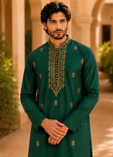TGM Mens RTW Chikankari Chikankari Kurta Pajama Suit Aeron Green Festive Collection