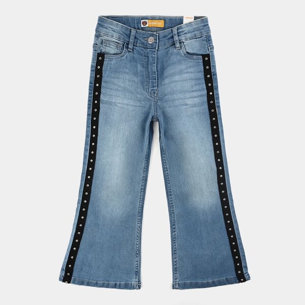 Girls Studded Side Tape Stretch Denim Bootcut Pants – Light Blue