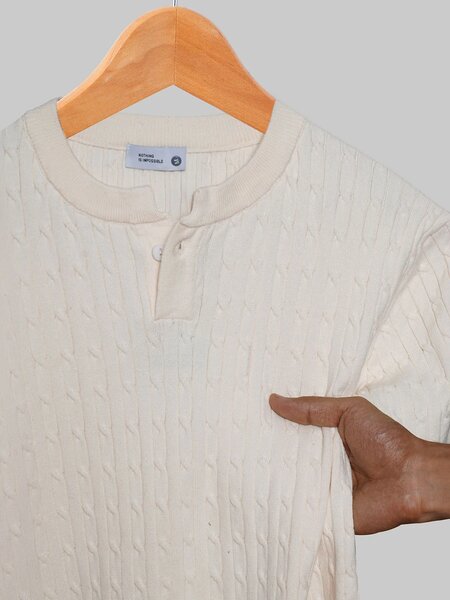 Cream Sweater Knit Henley T-Shirt (SKH-003)