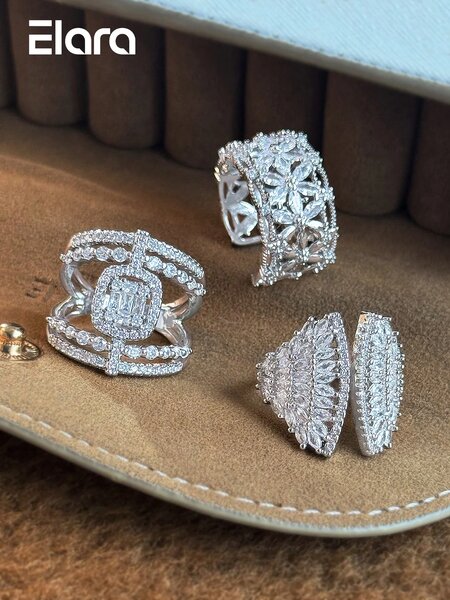 Shein - 3Pcs Fashion Luxury Cubic Zirconia Flower Fan-Shaped Open Rings