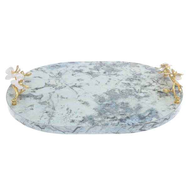 Blue Marble Finish Decorative Platter 12 x 16 Inch – Luxury Oval Serving Platter with Floral Handles