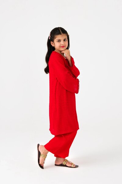 Red Chikankari Suit Set - 3pc