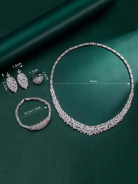 Shein - 5Pcs Tylionnejewelry Platinum Plated Cubic Zirconia Luxury Necklace, Bracelet, Earrings, Open Ring