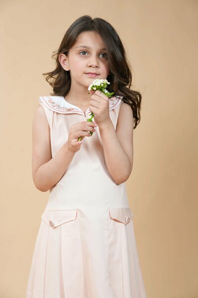 Pinkbird | Pure cotton dress with hand-embroidered collar & box pleat