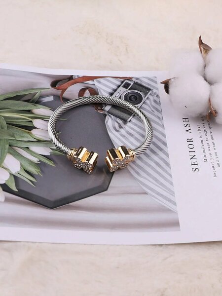 Shein - European and Americana Style Stainless Steel Cable Opening Bracelet With Natural Stone Twisted Cord Adjustable C-Shaped Titanium Steel Bangle