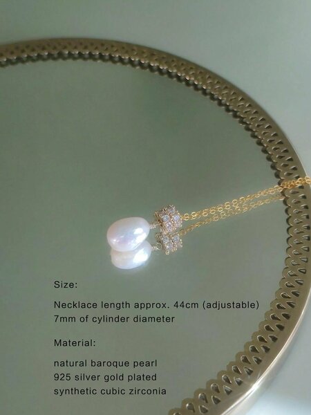 Shein Exclusive - 1pc Fashionable Natural Baroque Pearl Cylindrical Synthesis Cubic Zirconia Exquisite & Stylish & Deluxe 925 Silver Plated Gold Necklace, Suitable For Daily Wear, Ideal Gift For Women
