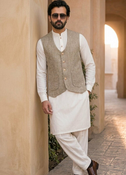 TGM Mens RTW Textured Blended Cotton 3 Piece Suit Sterling Mushroom Festive Collection