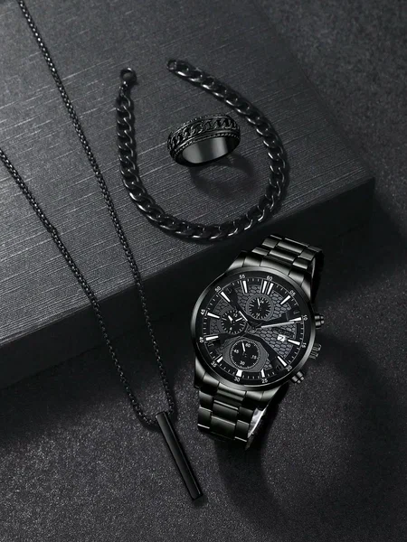 Shein - Fashion Men's Quartz Watch Set With Calendar Function, Zinc Alloy Case And Strap, Round Dial