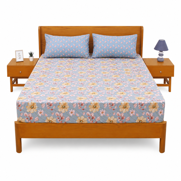 Blue Meadows Double Bed Sheet Set | Soft Floral Printed Bedding | 94x98 Inches