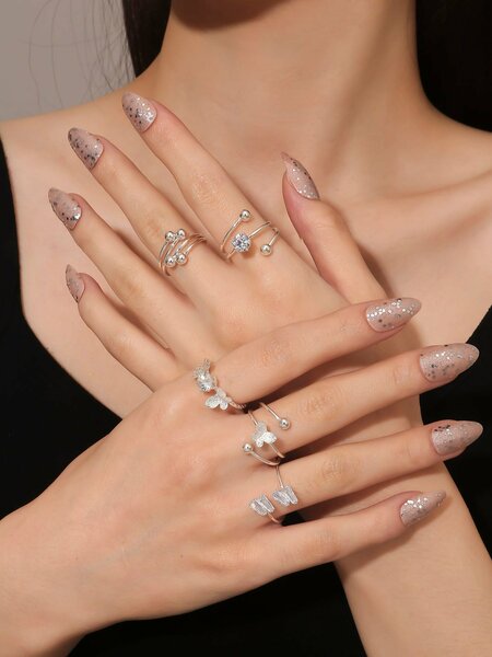 Shein - 5pcs/set Fashionable Zinc Alloy Cubic Zirconia & Butterfly Decor Cuff Ring For Women For Party Decoration