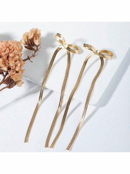 Shein - 1Pair High-End Elegant And Sweet Copper Chain Braided Bowknot Earrings For Women, Ideal For Daily Wear, Dress And Party