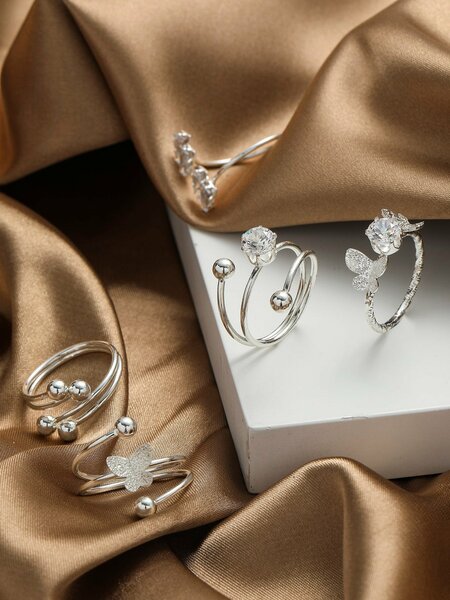 Shein - 5pcs/set Fashionable Zinc Alloy Cubic Zirconia & Butterfly Decor Cuff Ring For Women For Party Decoration