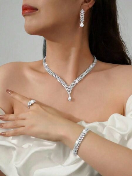Shein - 5Pcs/Set Women'S Fashion Light Luxury Rhombus Water Drop Shaped Sparkling Crystal Zirconia