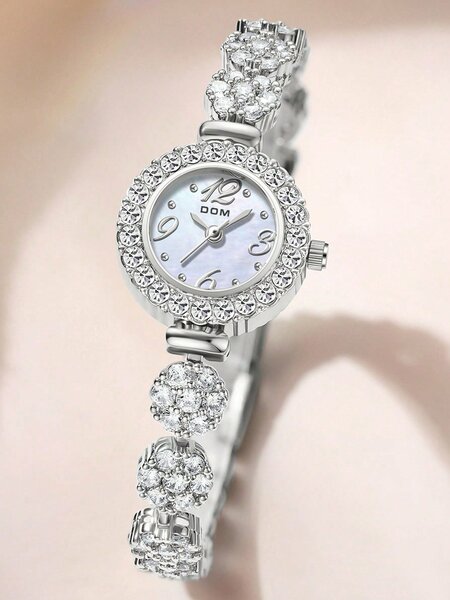 Shein - 1pc Women's Silver Tone Artificial Diamond Decorated Quartz Watch With Mop Dial And Bracelet Chain, Elegant And Delicate Design For Daily Wear