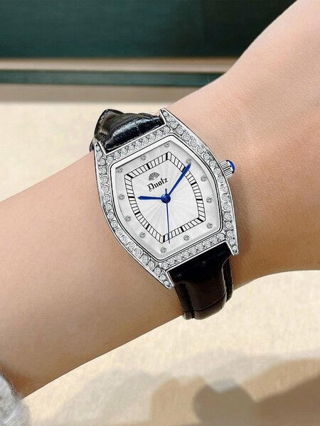 Shein - Rhinestone Decor Tonneau Pointer Quartz Watch