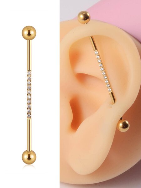 Shein - 1pc Fashion Stainless Steel Cubic Zirconia & Barbell Decor Stud Earrings For Women For Daily Decoration