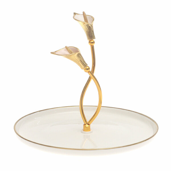Gold & White Decorative Serving Platter 8 Inch – Elegant Glass Platter with Floral Handle