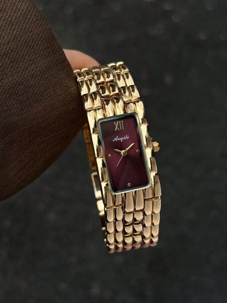Shein - Bracelet Watch, Gold Rectangular Case, Burgundy Dial
