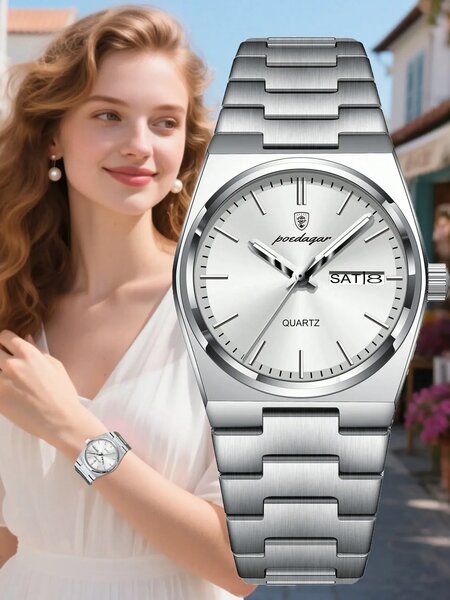 Shein - 1pc Elegant Women's Stainless Steel Date & Day Waterproof Luminous Quartz Watch