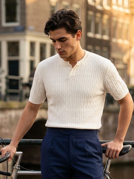 Cream Sweater Knit Henley T-Shirt (SKH-003)