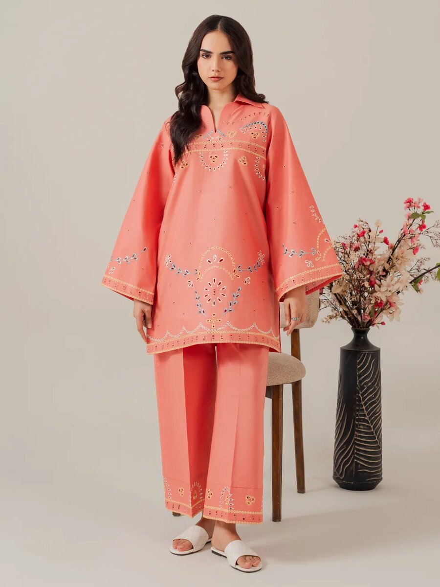 Coral- 2Pcs Embroidered Coord Set