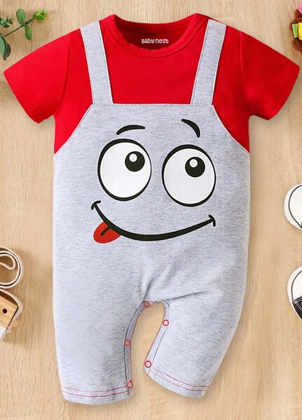 Baby Nest Dungaree Style Graphic Print Half Sleeve Romper Red-1296