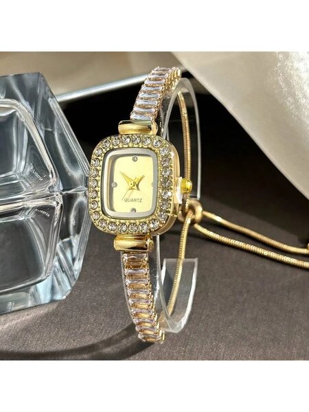 Shein - 1pc Women's Gold-Tone Zirconia Embedded Smooth Pull Style Bracelet Watch, Square Alloy Case Rhinestones