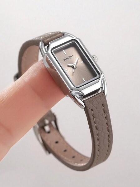 Shein - Casual Rectangular Small Dial Watch, Litchi Grain Leather Strap