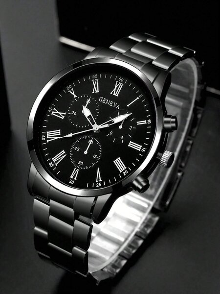 Shein - 2pcs/Set Fashionable Business Men's Round Black Steel Band Quartz Watch