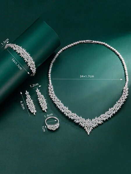 Shein - 5Pcs Rhodium Plated Cubic Zirconia Luxury Necklace, Bracelet, Earrings, Open Ring Jewelry Set