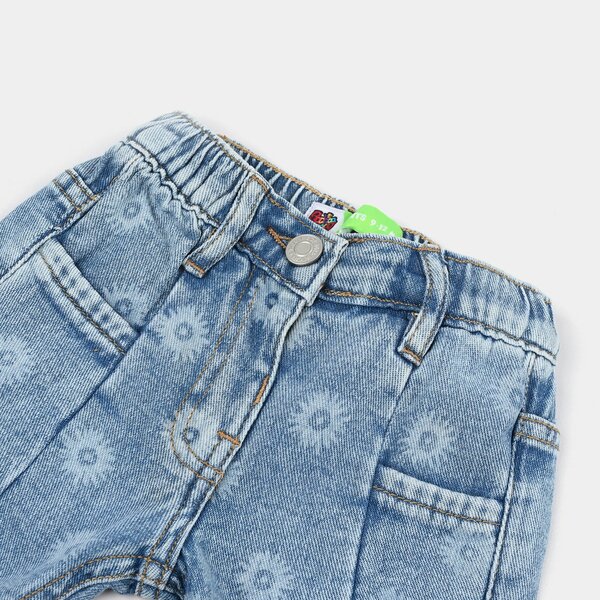 Infant Girls Denim Rigid Shorts – Flower Print Mid Blue with Elastic Waist