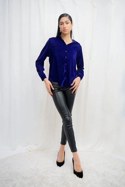 VYBE - x Munib Nawaz - Velvet Button Shirt-Blue