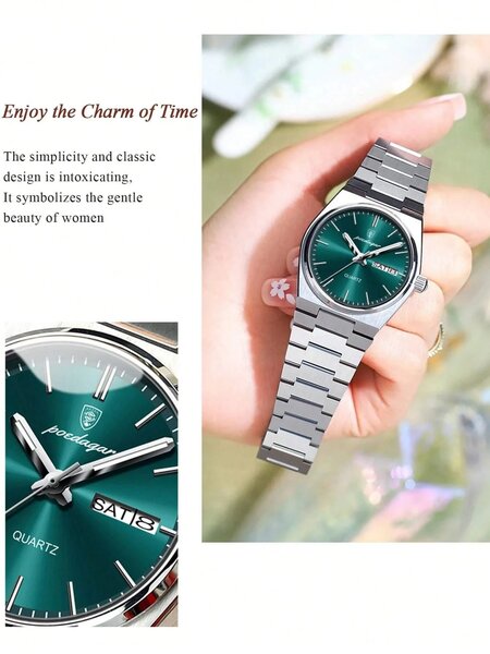 Shein - 1pc Elegant Women's Stainless Steel Date & Day Waterproof Luminous Quartz Watch