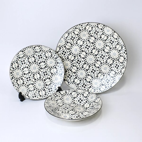 6 Person (18pcs) Grey Floral Medallion Plate Set – Elegant Ceramic Dinnerware Collection