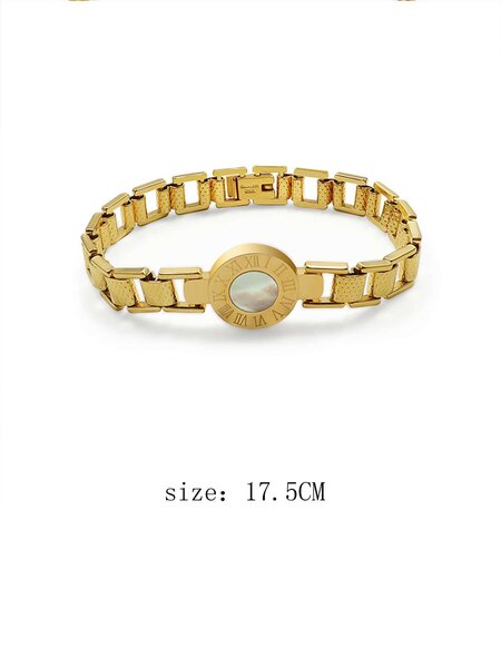 Shein - 1Pc Fashion Stainless Steel Roman Numeral Detail Round Decor Chain Bracelet For Women For Dating Party
