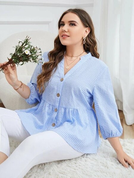 Shein - Plus Gingham Print Button Front Peplum Blouse