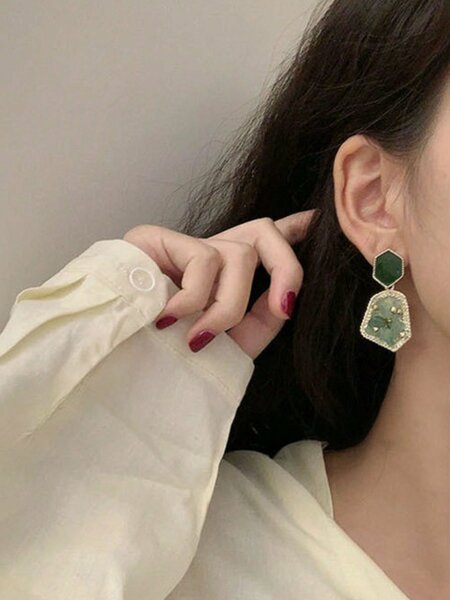 Shein - 2pairs/set Green & White Natural Stone French Style Vintage Emerald Drop Earrings Set
