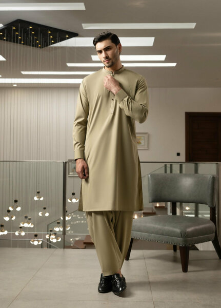 Stylish Garments Mens RTW Embroidered Wash N Wear Kurta Shalwar Suit Fawn Casual Collection