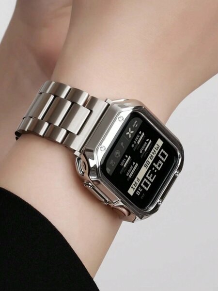 Shein - 1Pc Watch Screen Protective Case Fashion Metal Three Bead Watchband For Apple Watch Series/Se/8/7/6/5/4/3/2/1 Luxury Stainless Steel Strap For Apple Watch 44Mm 42Mm 44Mm 45Mm 49Mm 38Mm 41Mm