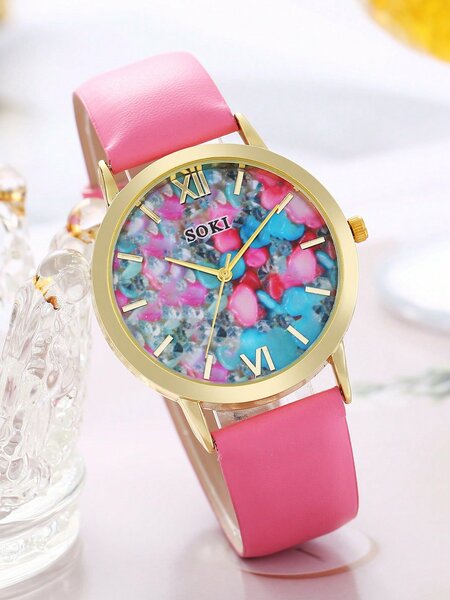 Shein - 6pcs/Set Multicolor Rhinestone & Crushed Stone Inlaid Exaggerated Personality Fashionable Metal Necklace Kit & 1pc Women's Casual Quarts Wrist Watch With Pu Band Suit For Daily And Festival Dressing Up