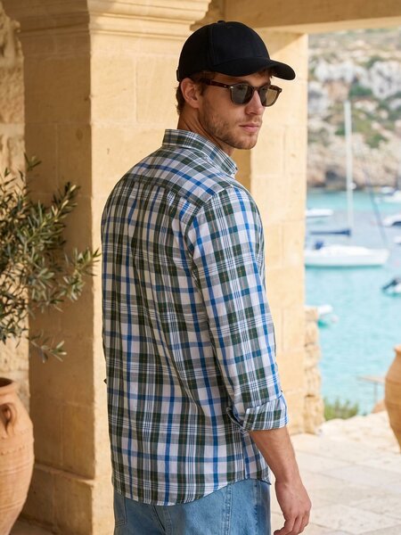 Green Check Button Down Casual Shirt (CSC-457)