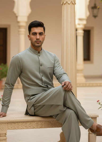 TGM Men RTW Solids Blended 3 Piece Suit Sage Mist Heritage Festive Collection