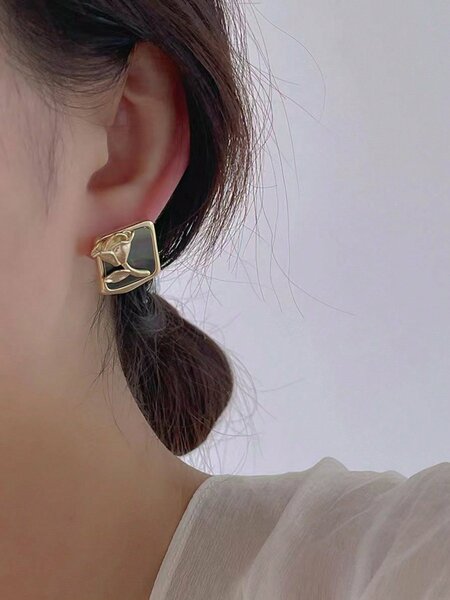 Shein - 1pair New Trendy & High-End & Fashionable & Vintage Geometric Metal & Rose Flower Shaped Earrings With 925 Sterling Silver Pin For Women