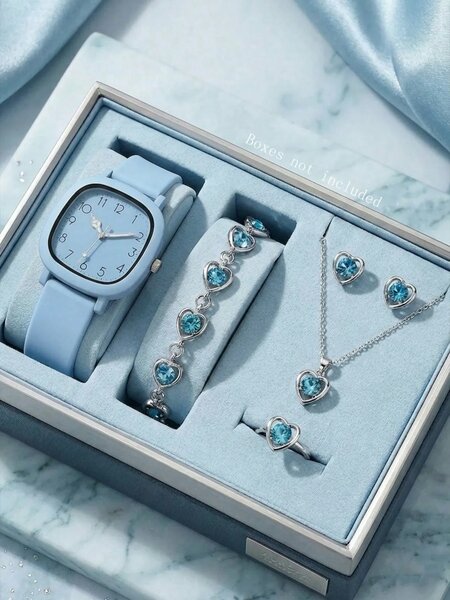 Shein - 6Pcs Women'S Quartz Watch Bracelet Necklace Earrings Ring Jewelry Set