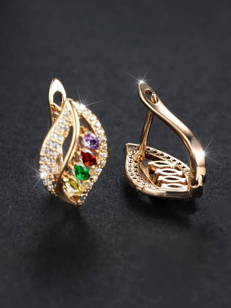 Shein - 1pair Glamorous Cubic Zirconia Decor Leaf Design Stud Earrings For Women For Gift