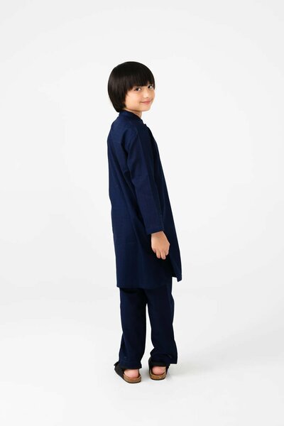 Boys Navy Blue Cotton Jacquard Kurta Set