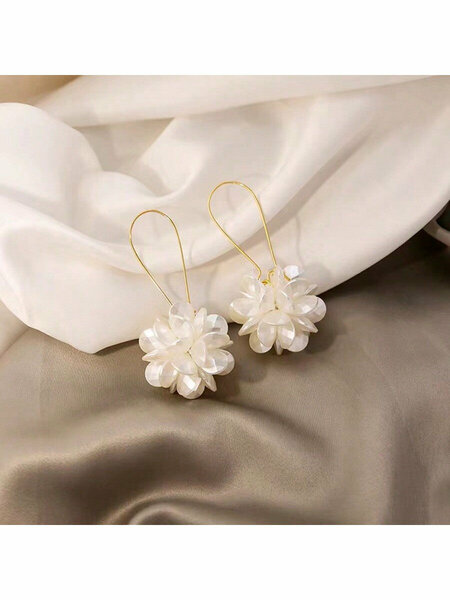 Shein - Exaggerated Long Acrylic Faux Pearl Flower Ball Earrings, Handmade White Petals Ball With Geometric Clip-On, Luxurious Ear Jewelry For Women